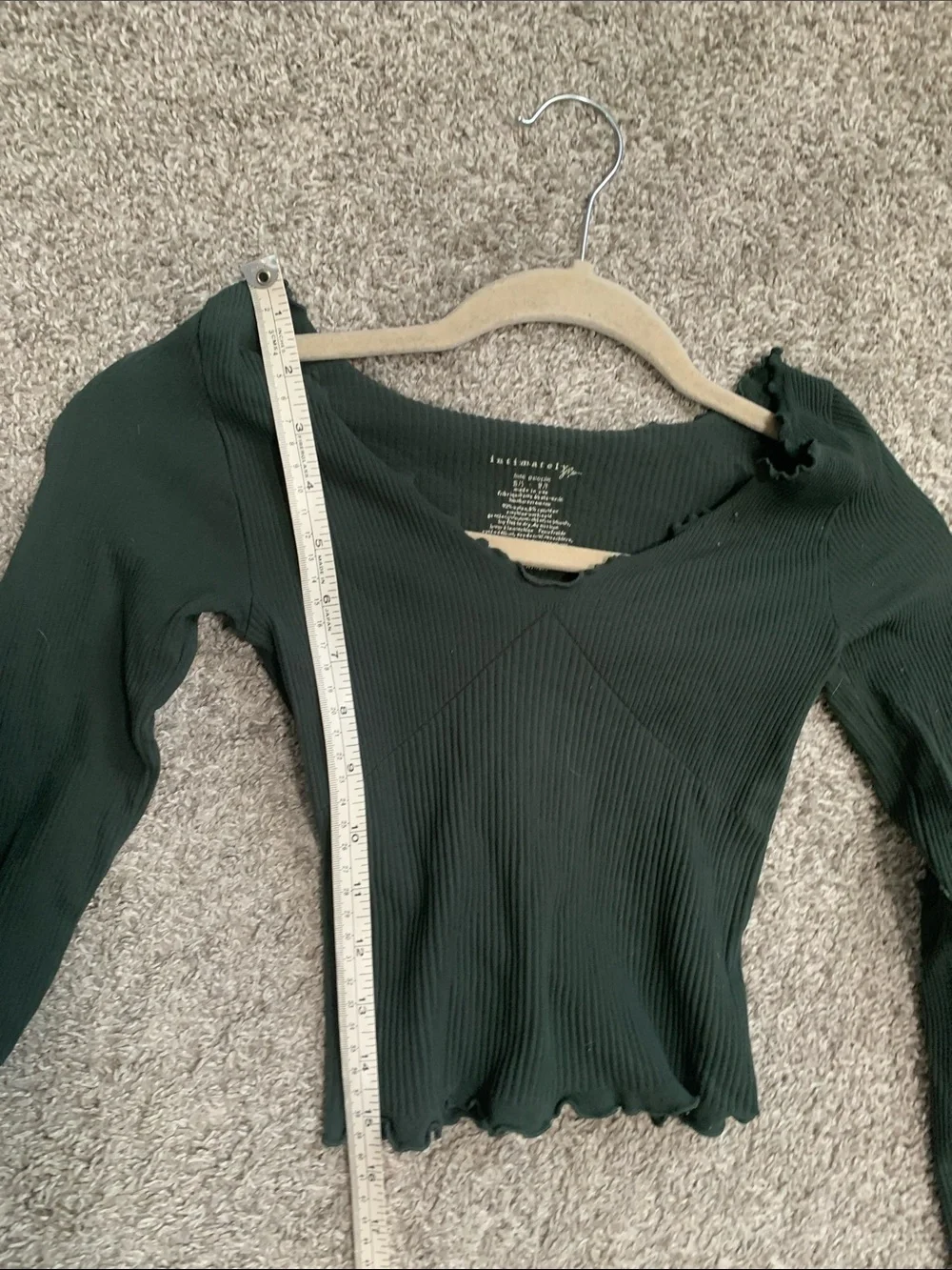Intimately Free People Dark Green Ribbed Lettuce-Edge Long Sleeve Crop Top